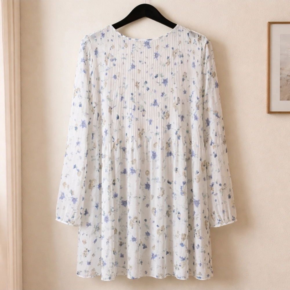 Wilfred White Long-Sleeve Mini Dress with Blue Floral Print